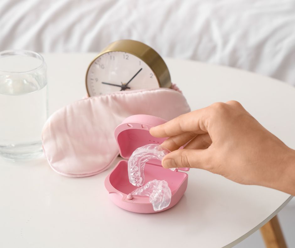 Fèrula de descàrrega dental sobre una tauleta de nit al costat d'un rellotge despertador, utilitzada per al tractament del bruxisme a Figueres.